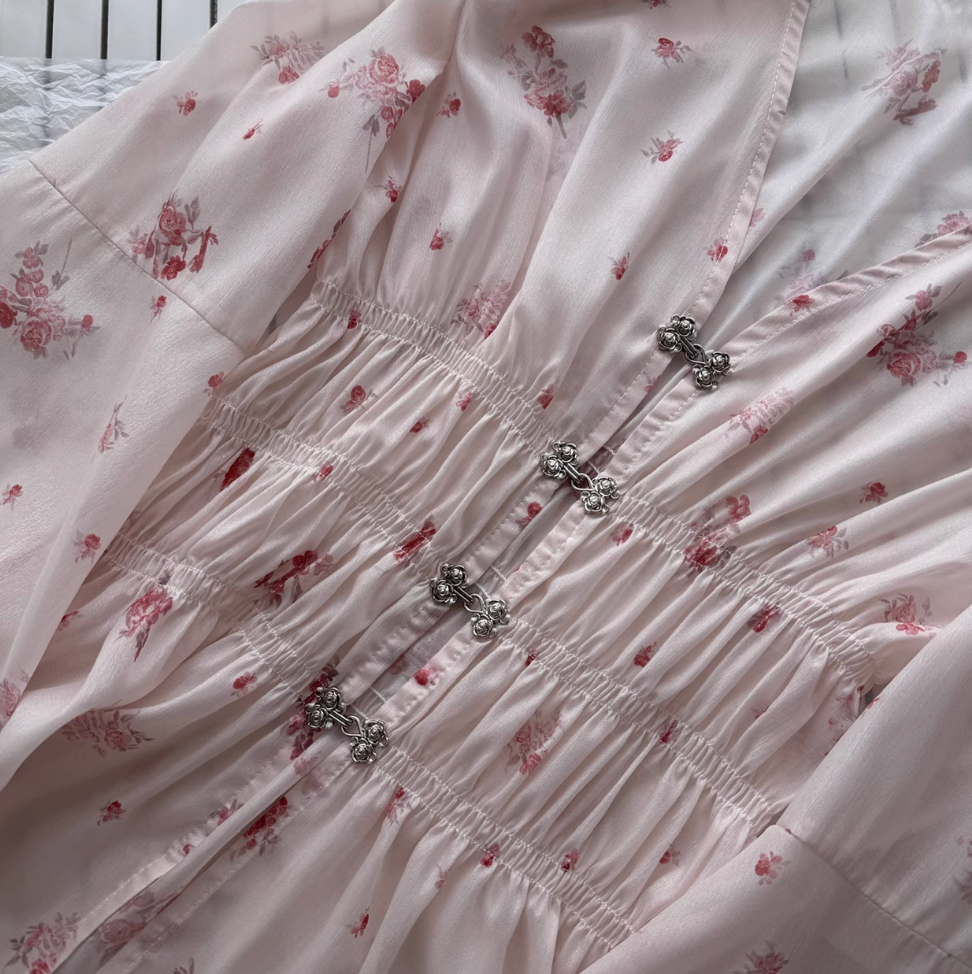 V-neck Pink Floral Chiffon Dress