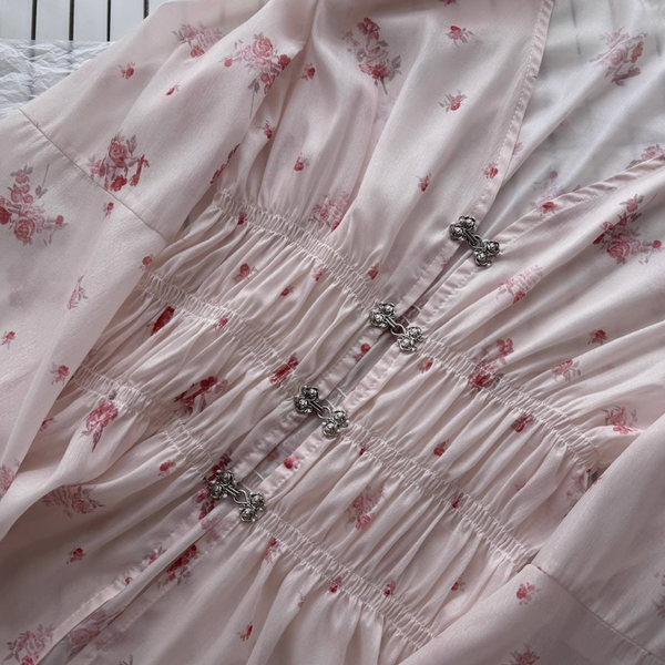 V-neck Pink Floral Chiffon Dress
