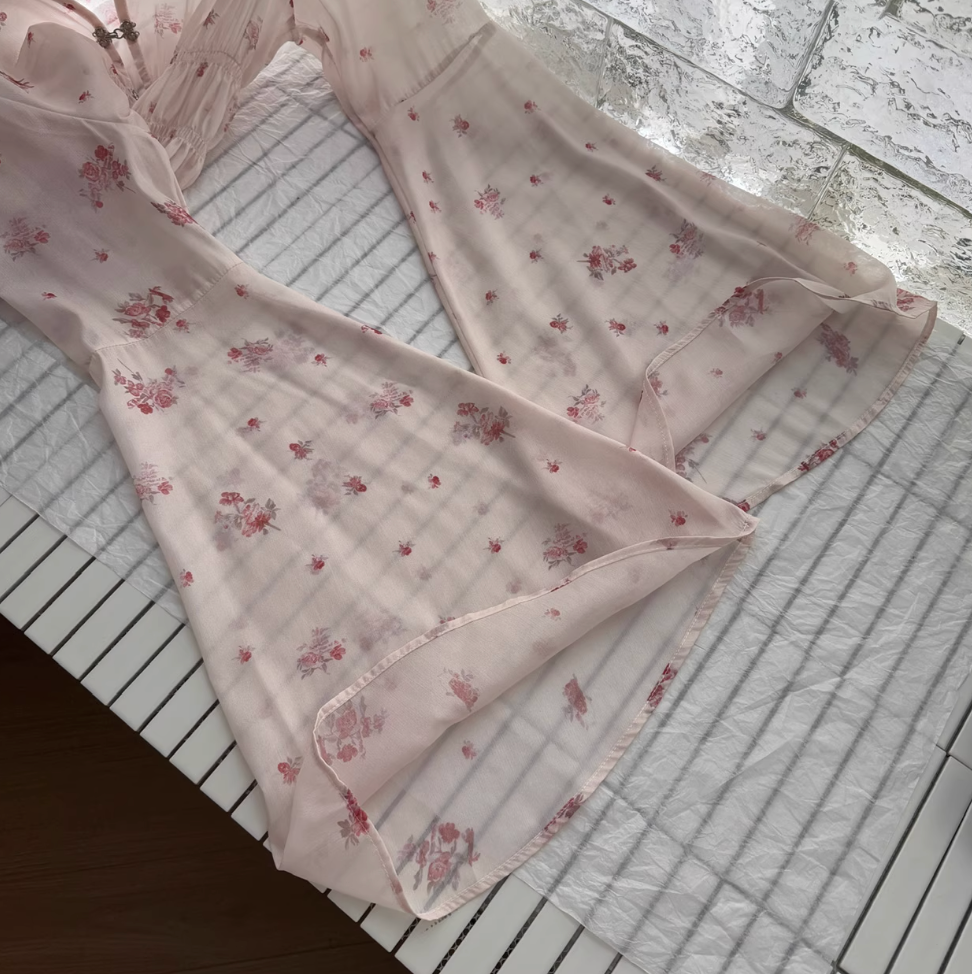 V-neck Pink Floral Chiffon Dress