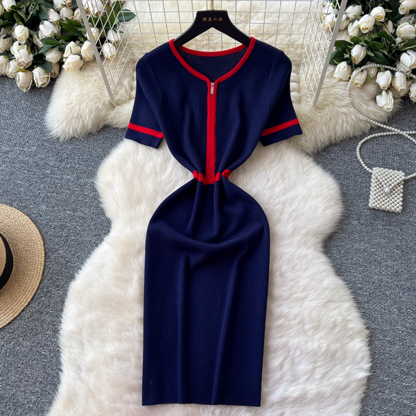 Vintage Color Blocking Zipped Knit Dress