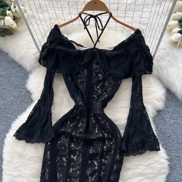 Ruffled Neckline Black Embroidered Halter Dress