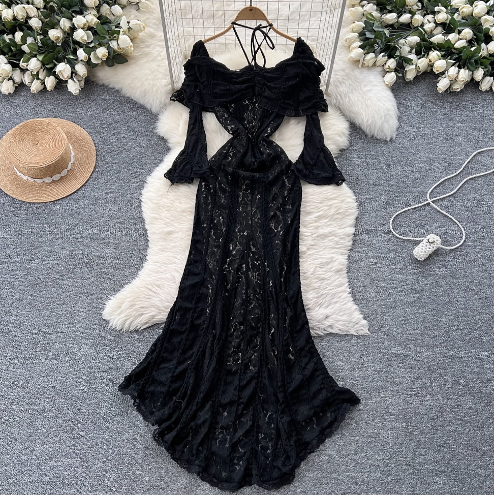 Ruffled Neckline Black Embroidered Halter Dress