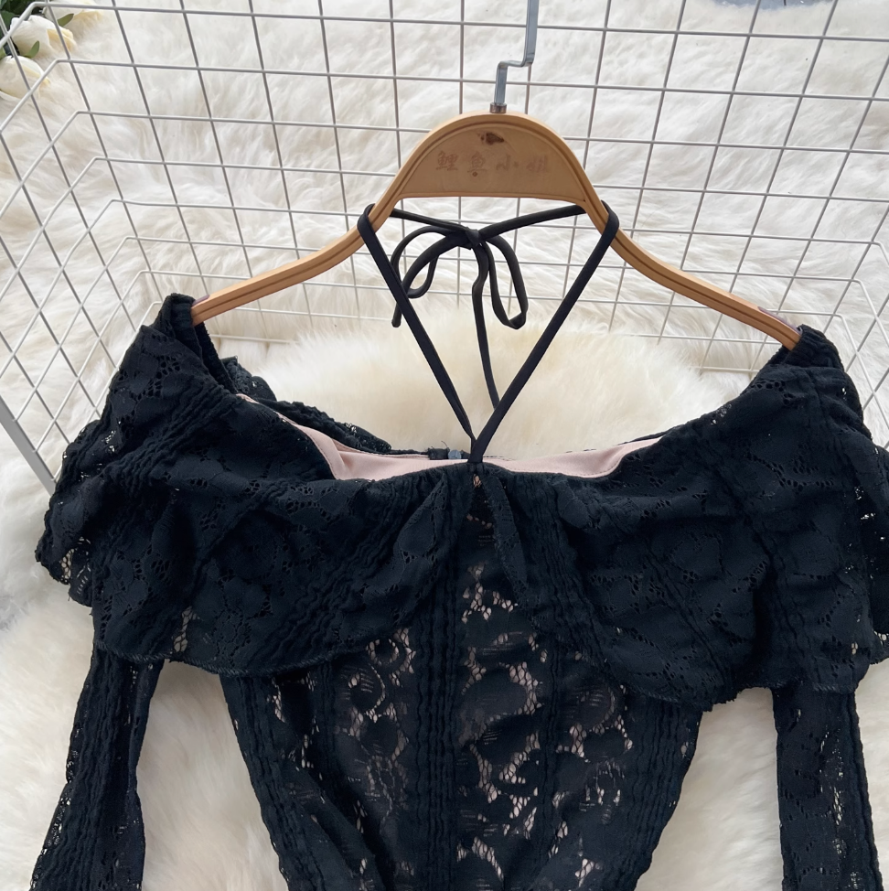 Ruffled Neckline Black Embroidered Halter Dress