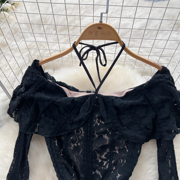 Ruffled Neckline Black Embroidered Halter Dress