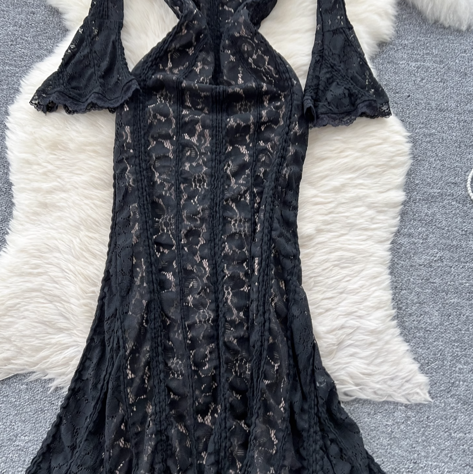 Ruffled Neckline Black Embroidered Halter Dress