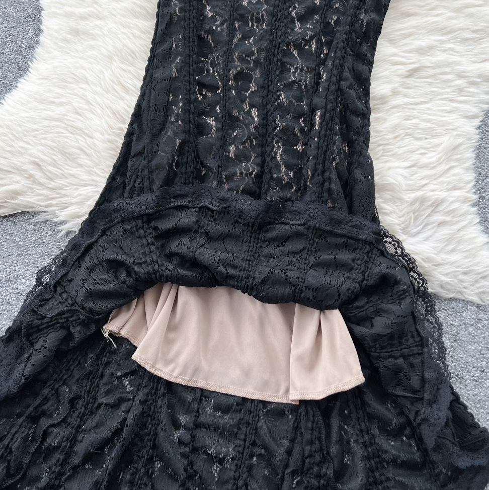 Ruffled Neckline Black Embroidered Halter Dress