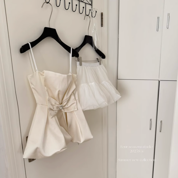 Bow-tie Slip Dress & Puffy Skirt 2Pcs
