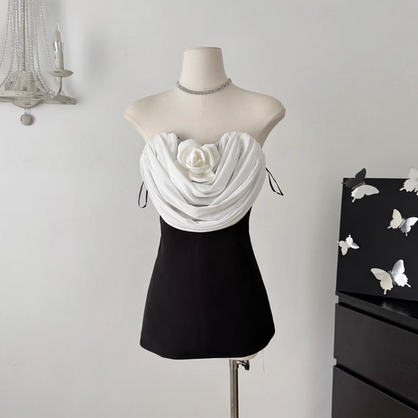3D White Knotted Floral Black Dress