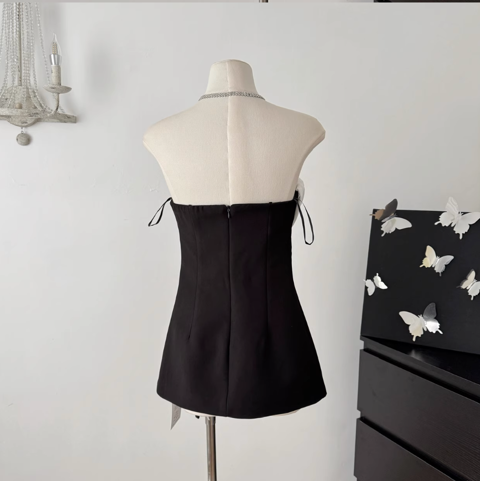 3D White Knotted Floral Black Dress