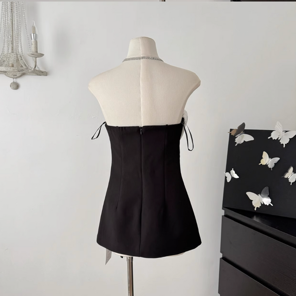 3D White Knotted Floral Black Dress