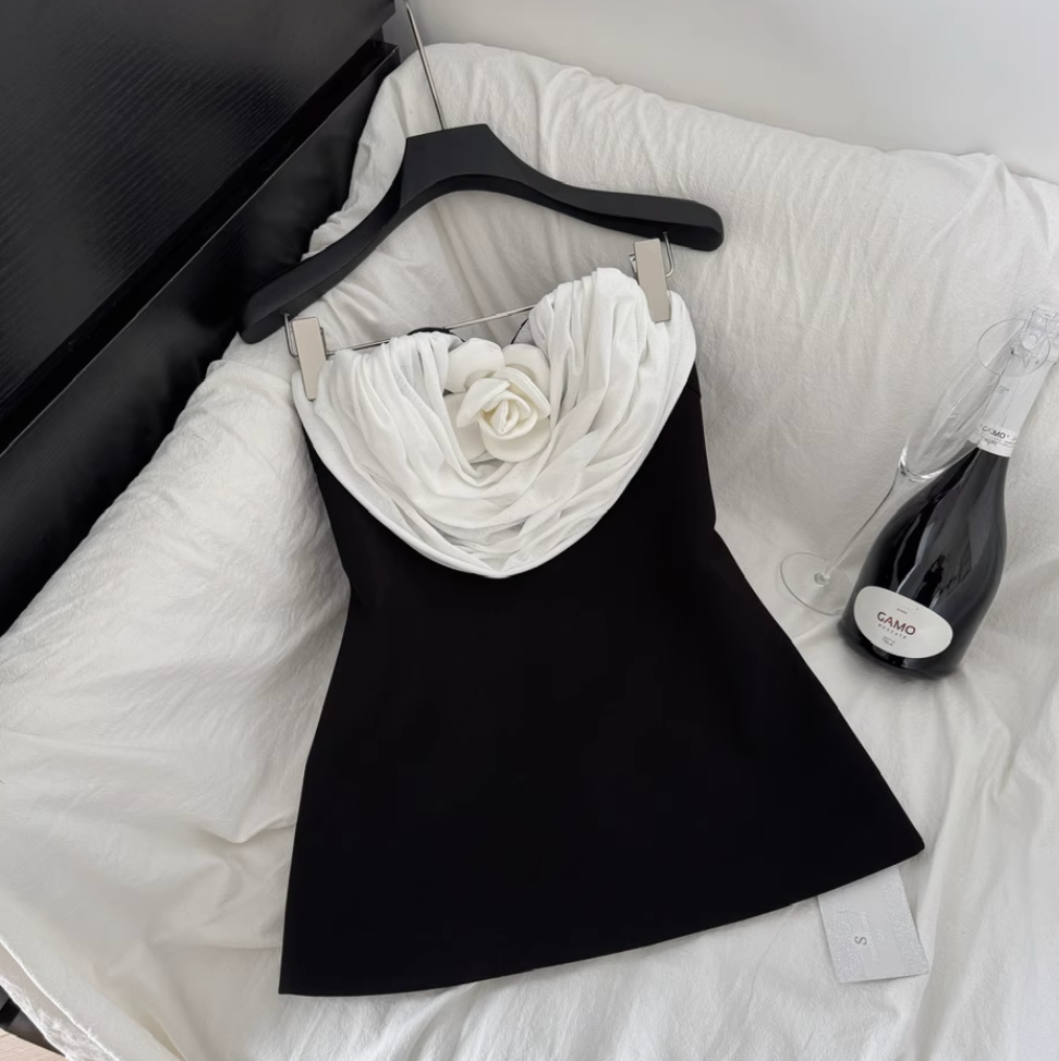 3D White Knotted Floral Black Dress