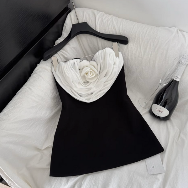 3D White Knotted Floral Black Dress