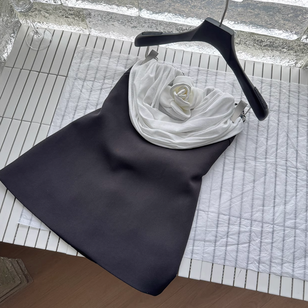 3D White Knotted Floral Black Dress