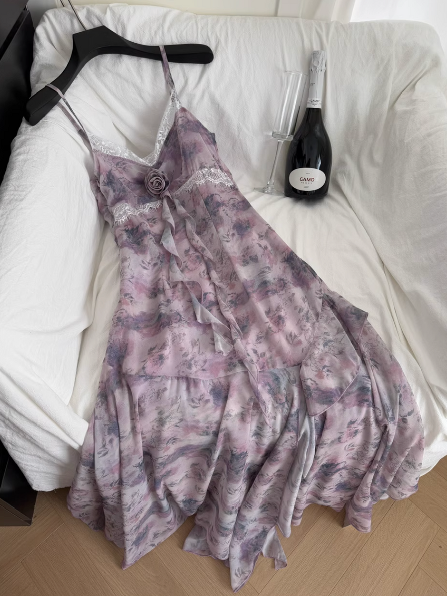 Purple Floral Ruffled Chiffon Slip Dress