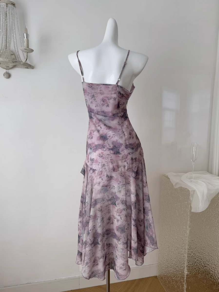 Purple Floral Ruffled Chiffon Slip Dress
