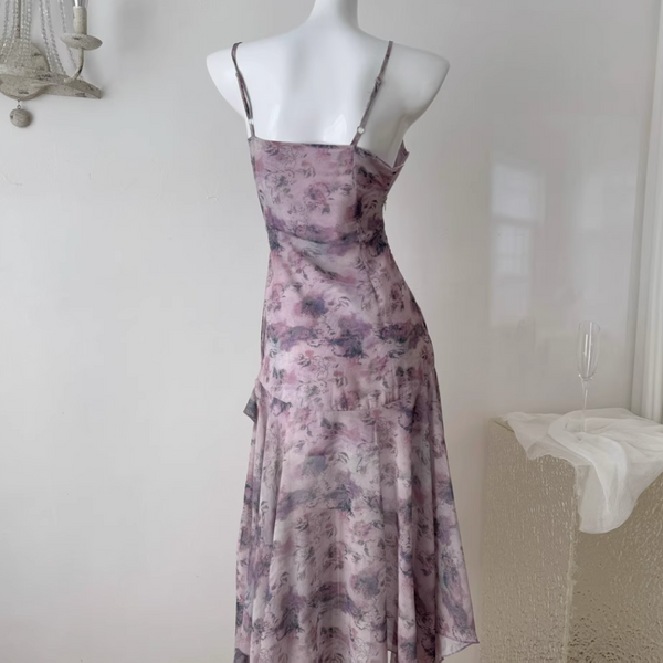 Purple Floral Ruffled Chiffon Slip Dress