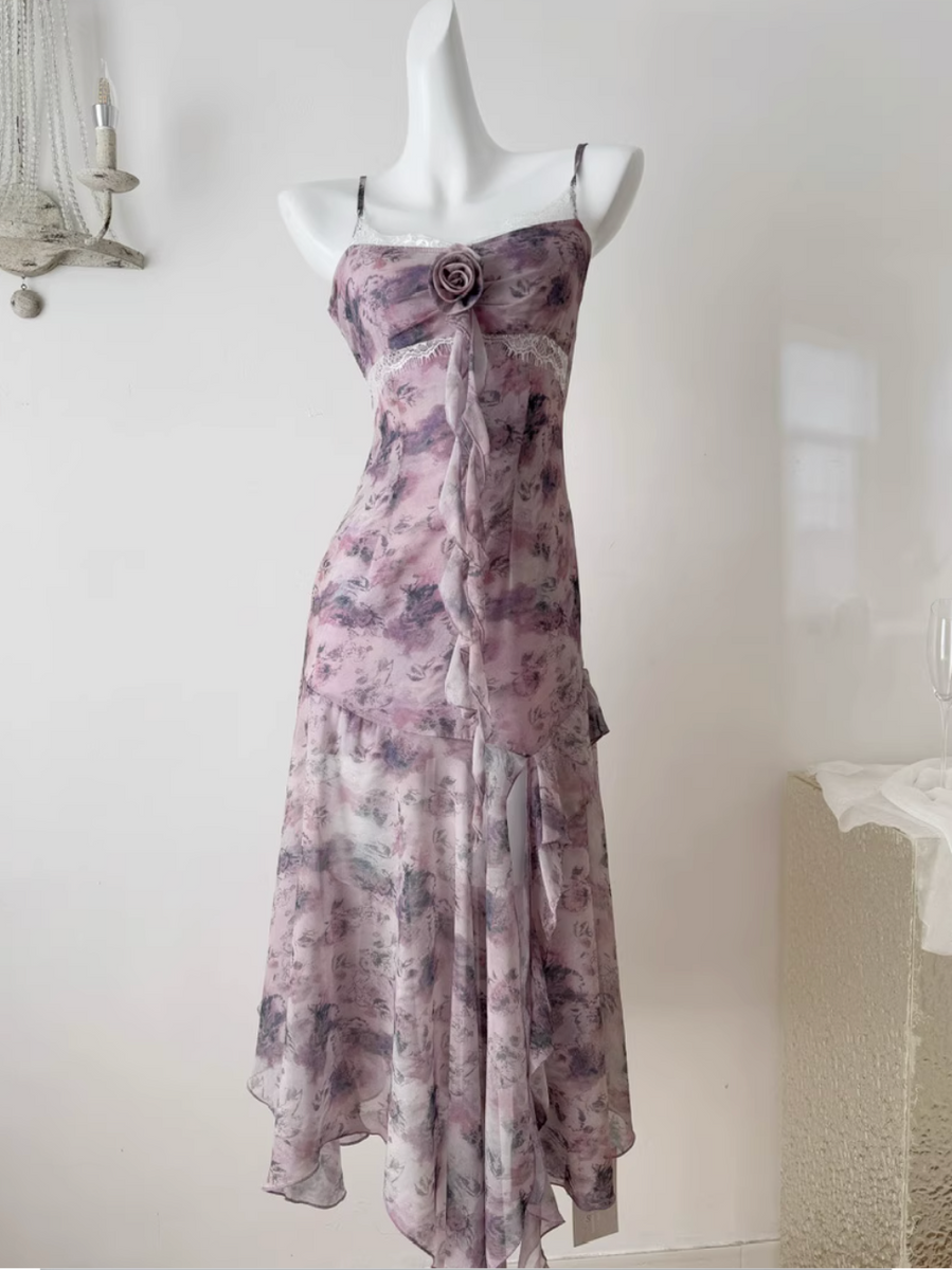 Purple Floral Ruffled Chiffon Slip Dress