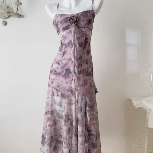 Purple Floral Ruffled Chiffon Slip Dress