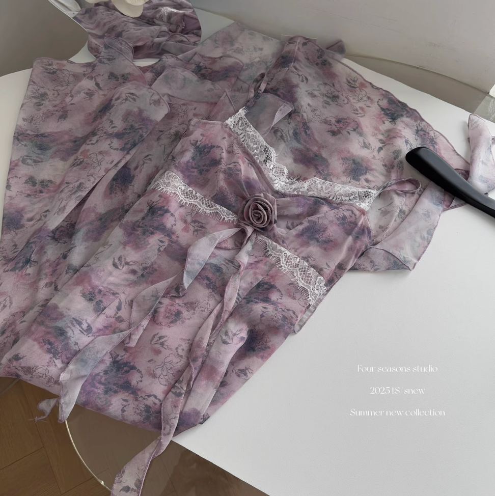 Purple Floral Ruffled Chiffon Slip Dress