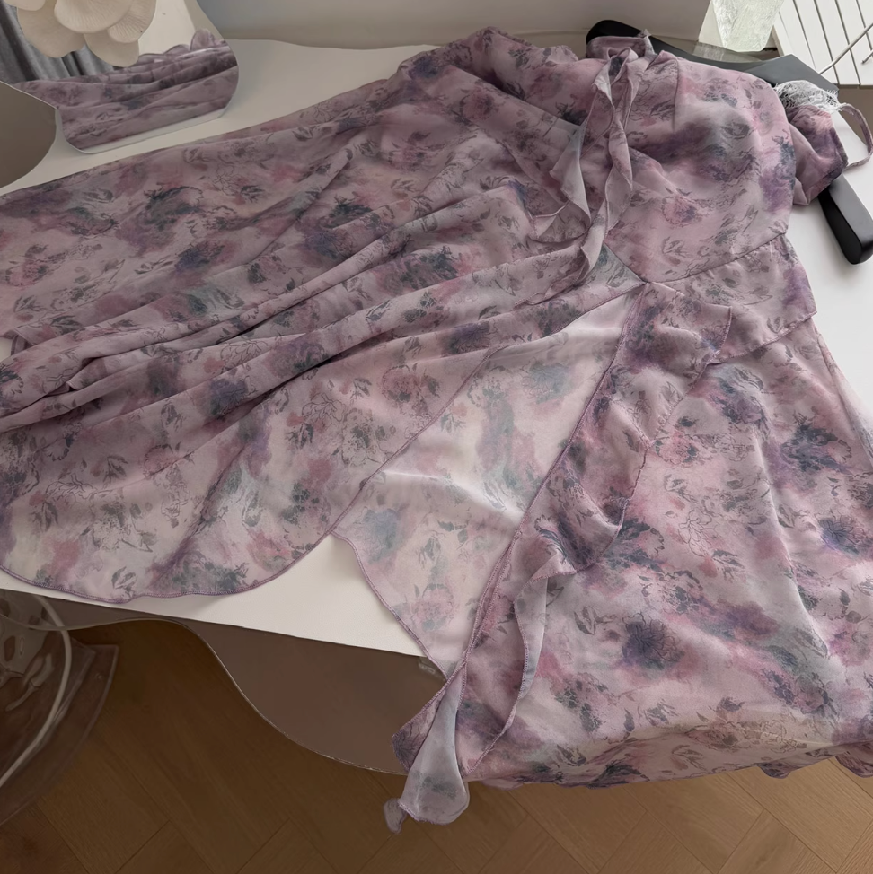 Purple Floral Ruffled Chiffon Slip Dress