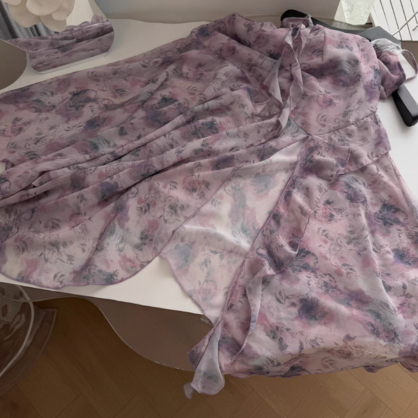 Purple Floral Ruffled Chiffon Slip Dress