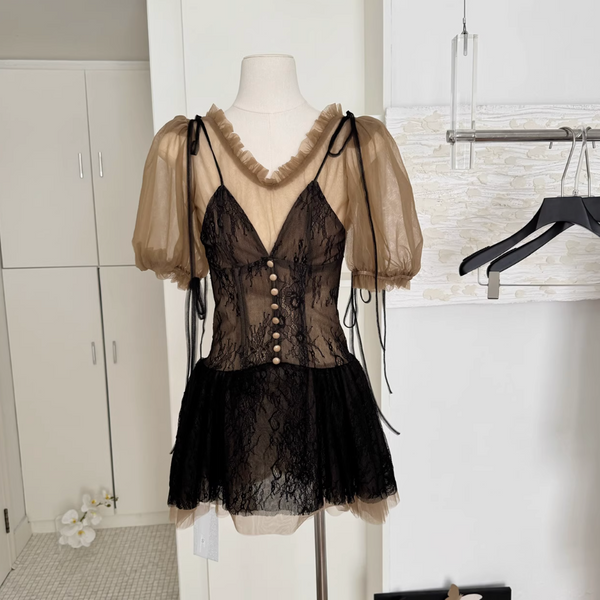 Black Lace Dress & Mesh Top 2Pcs