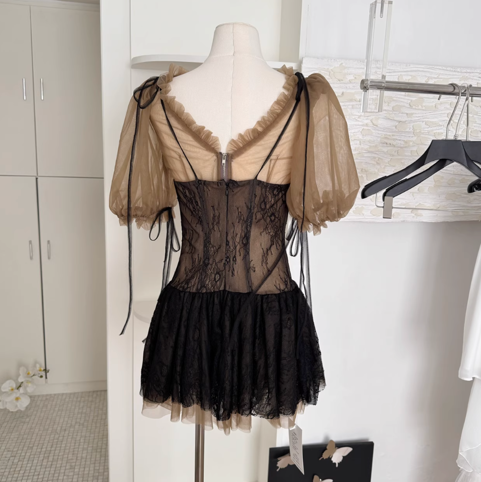Black Lace Dress & Mesh Top 2Pcs