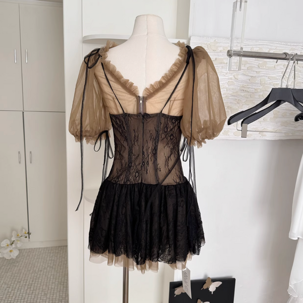 Black Lace Dress & Mesh Top 2Pcs