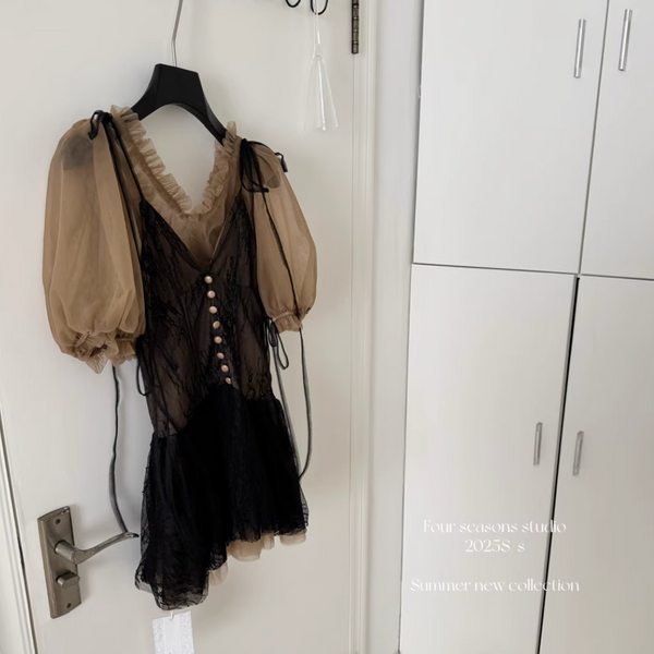 Black Lace Dress & Mesh Top 2Pcs