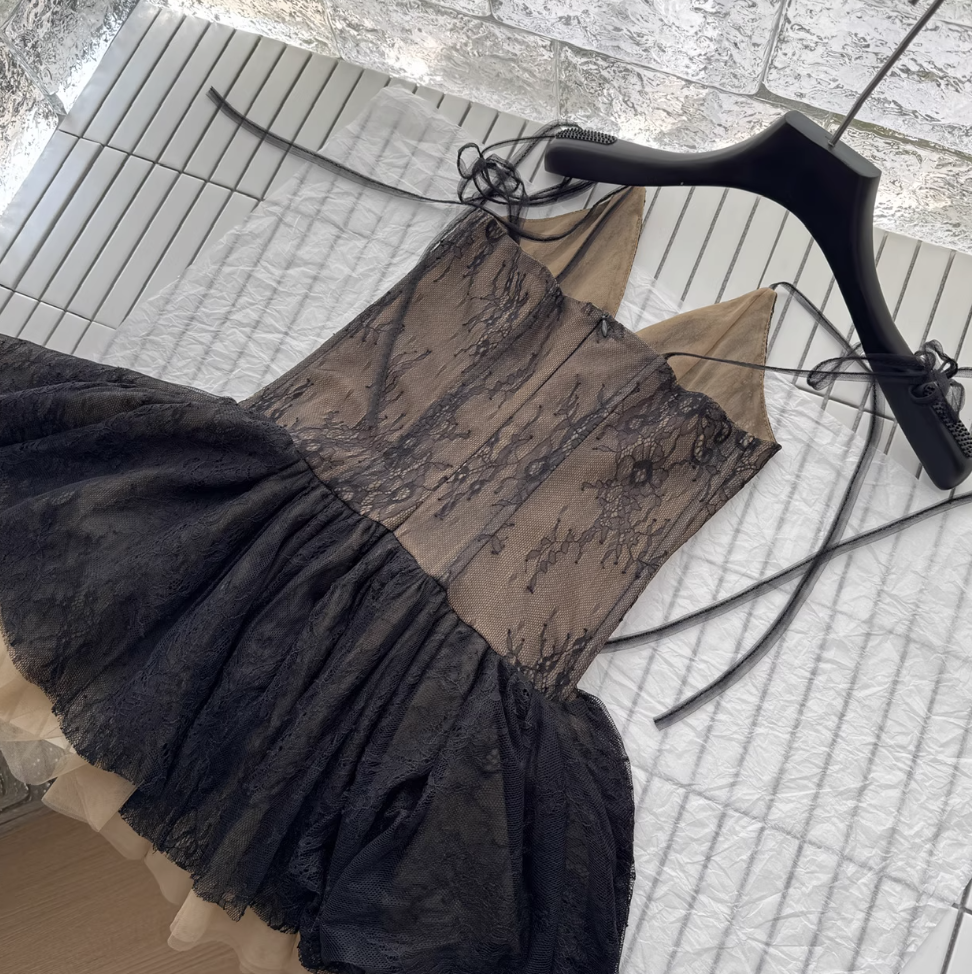 Black Lace Dress & Mesh Top 2Pcs