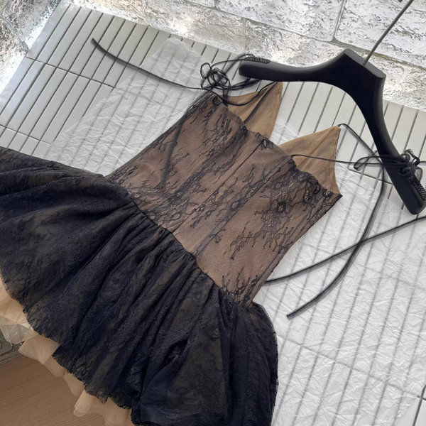 Black Lace Dress & Mesh Top 2Pcs