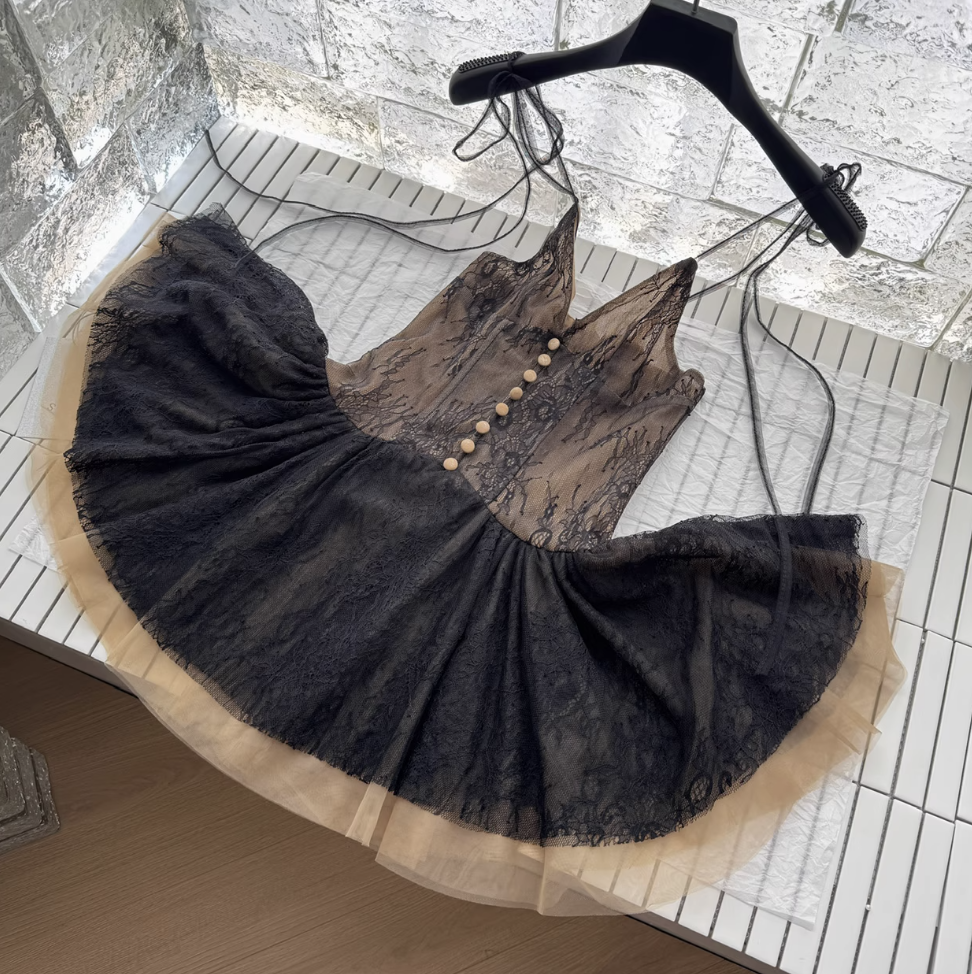 Black Lace Dress & Mesh Top 2Pcs