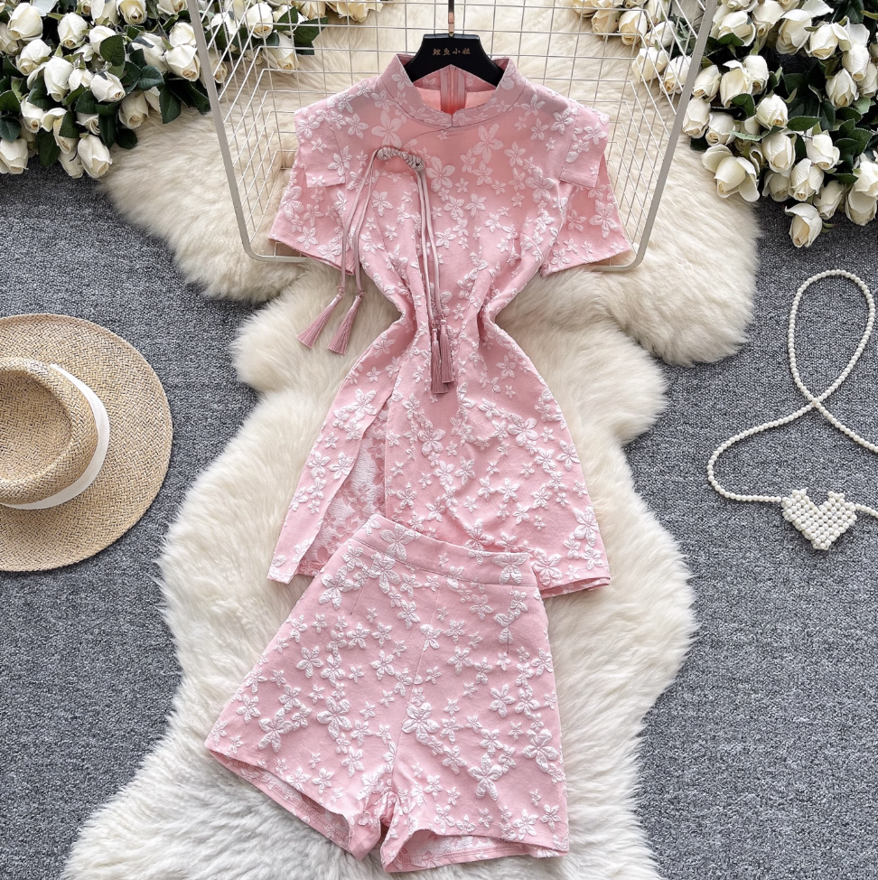 Plate Button Jacquard Cheongsam & Shorts 2Pcs