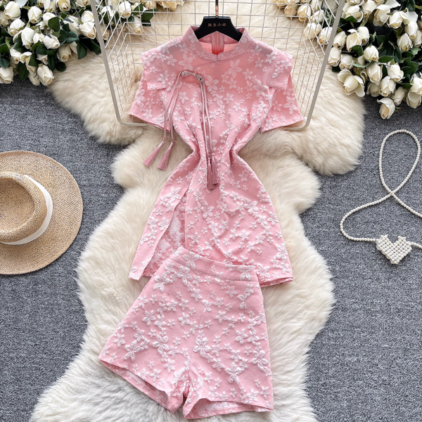 Plate Button Jacquard Cheongsam & Shorts 2Pcs