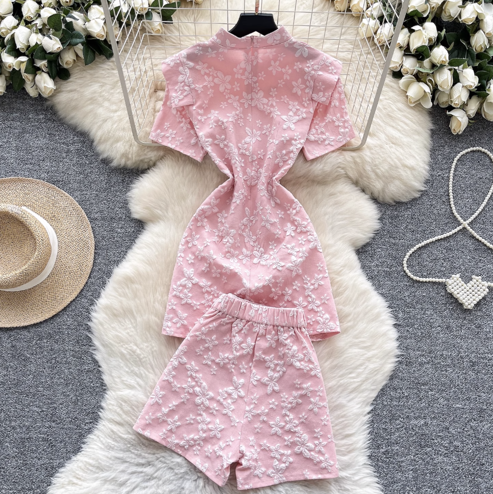 Plate Button Jacquard Cheongsam & Shorts 2Pcs