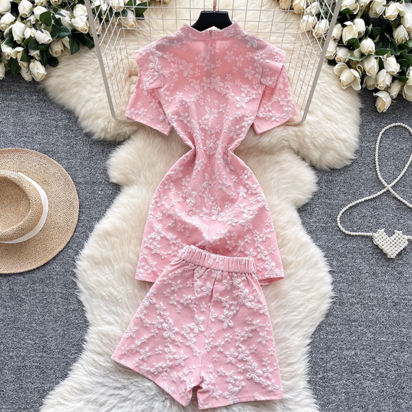 Plate Button Jacquard Cheongsam & Shorts 2Pcs