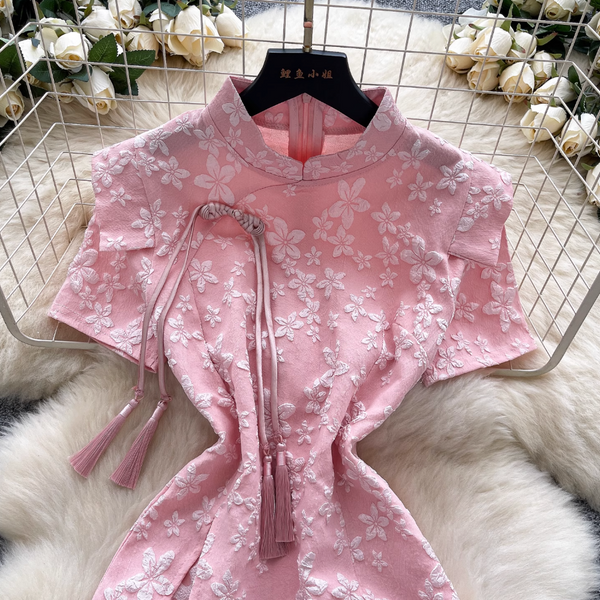 Plate Button Jacquard Cheongsam & Shorts 2Pcs