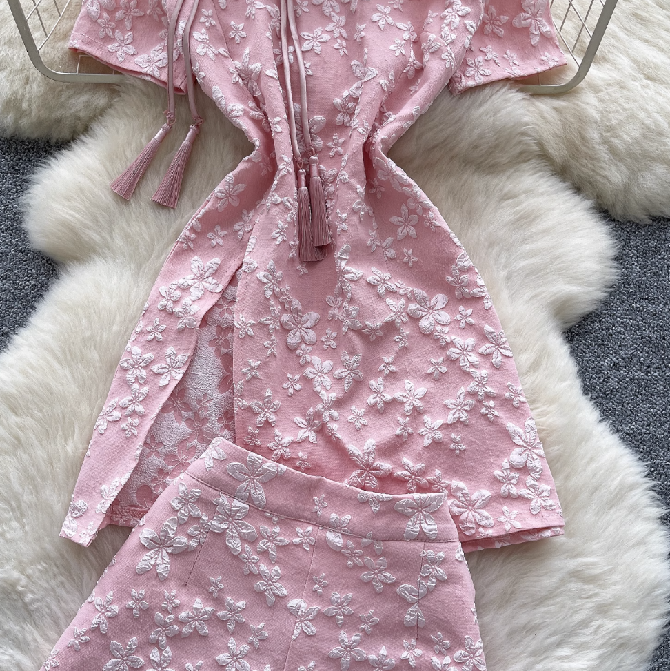 Plate Button Jacquard Cheongsam & Shorts 2Pcs