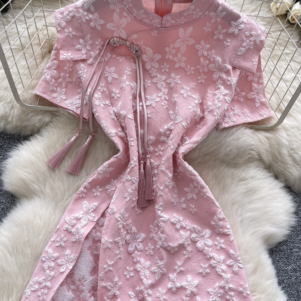 Plate Button Jacquard Cheongsam & Shorts 2Pcs