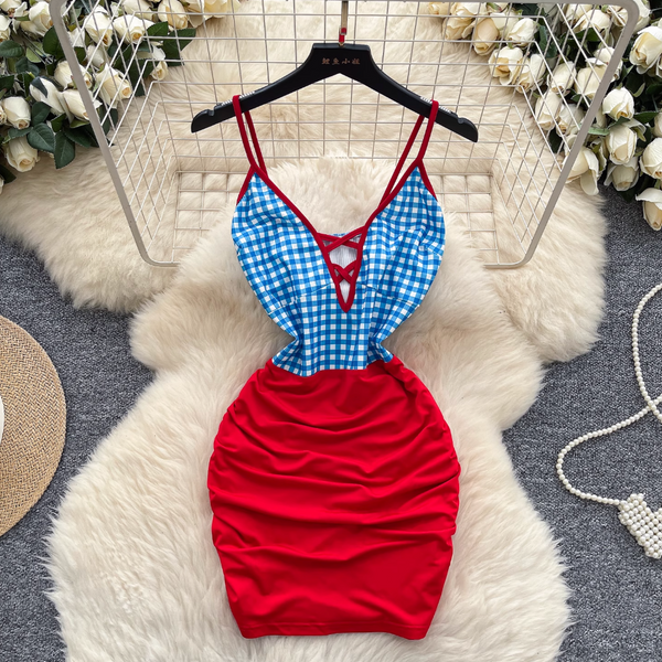 Deep V-neck Plaid Slip Dress