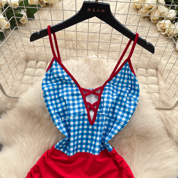 Deep V-neck Plaid Slip Dress