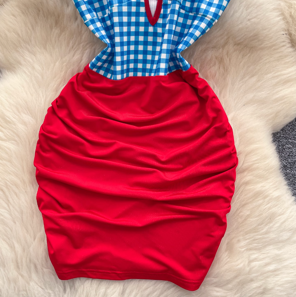 Deep V-neck Plaid Slip Dress