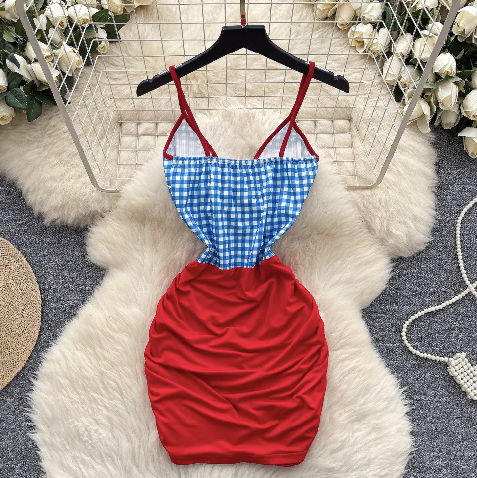 Deep V-neck Plaid Slip Dress