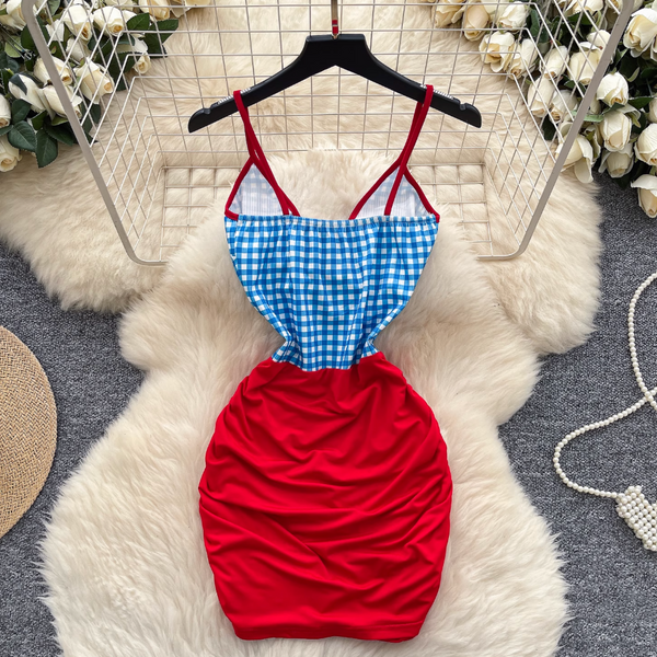 Deep V-neck Plaid Slip Dress