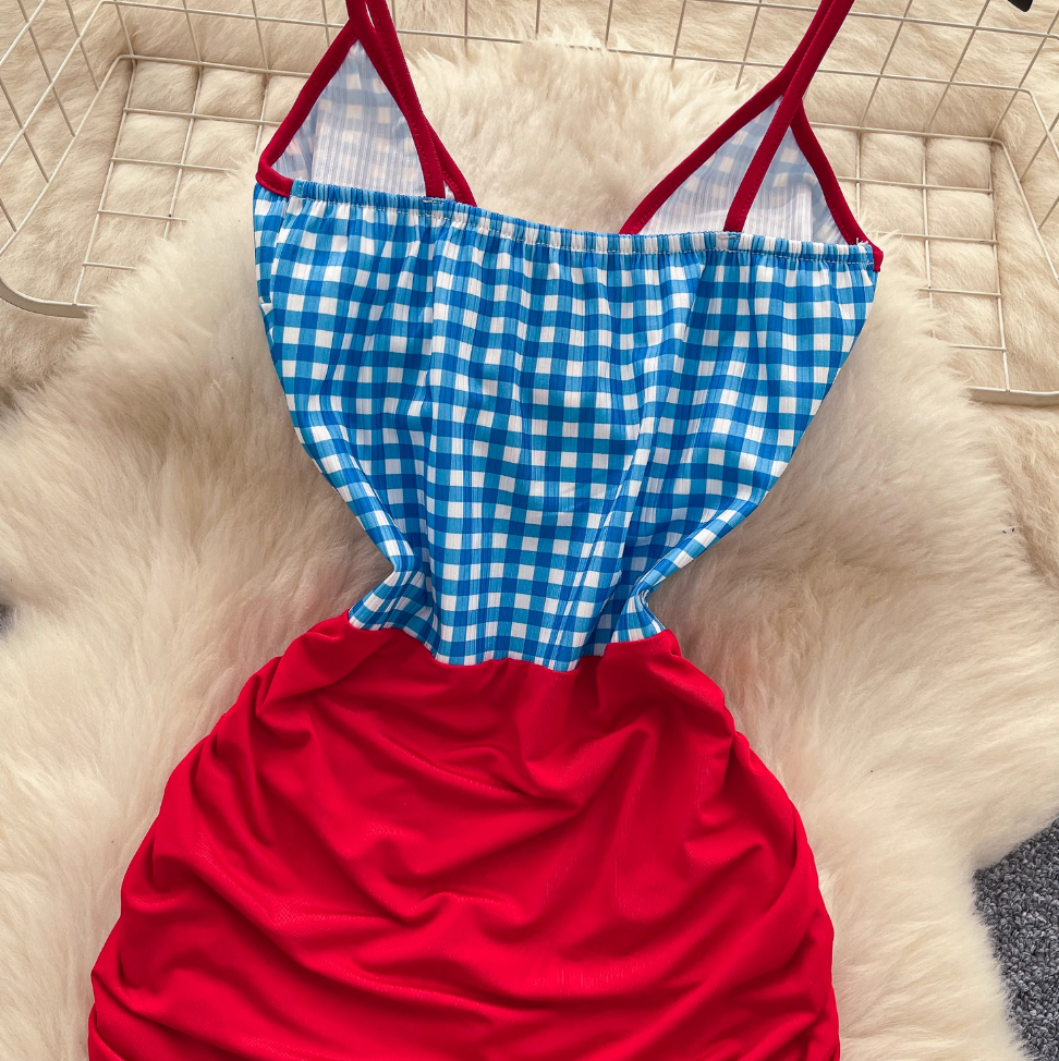 Deep V-neck Plaid Slip Dress