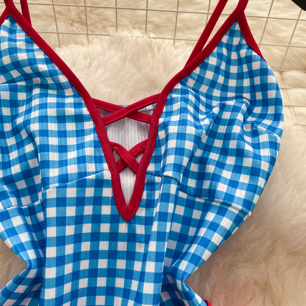 Deep V-neck Plaid Slip Dress