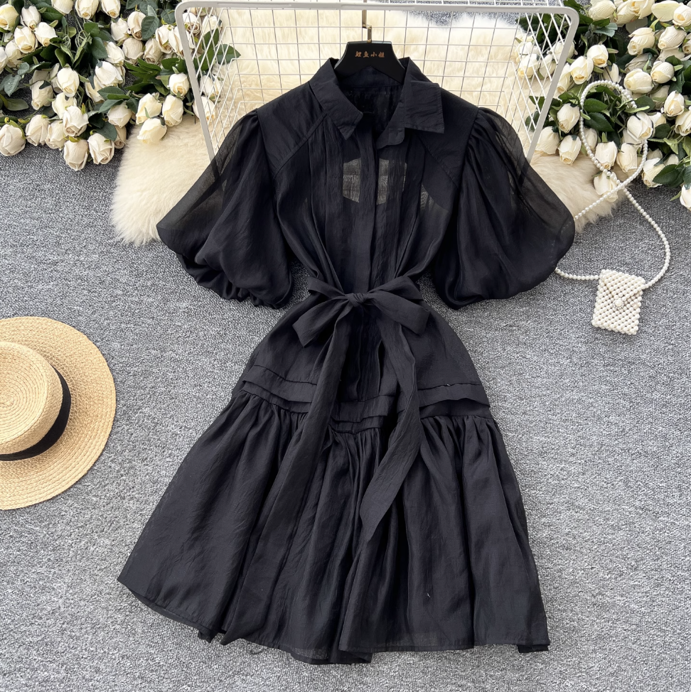 Courtly Puffy Sleeve Shirt Dress