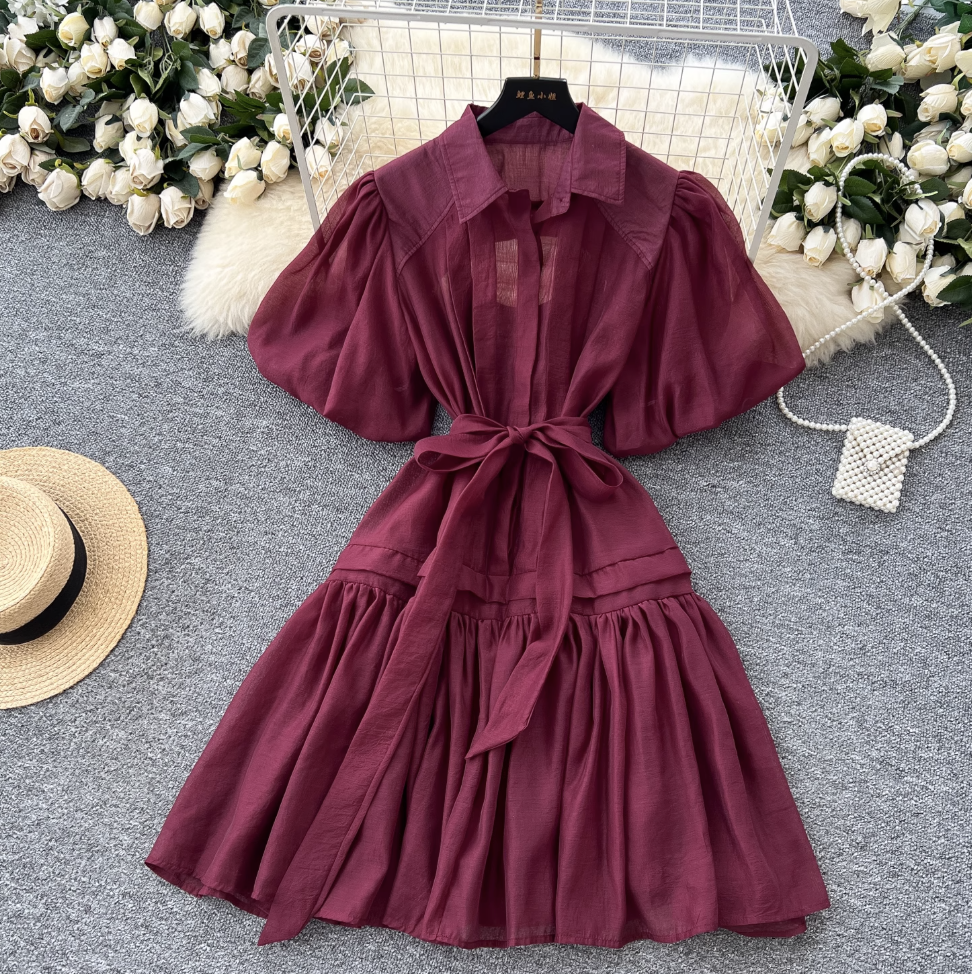 Courtly Puffy Sleeve Shirt Dress