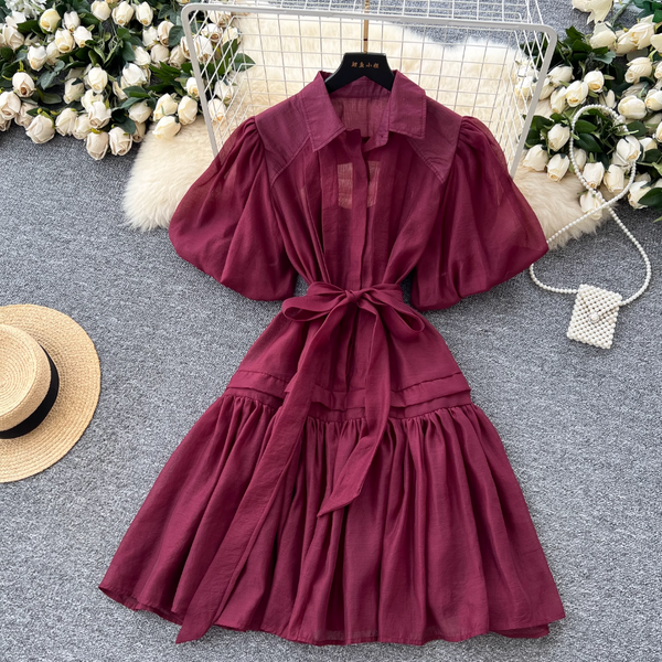 Courtly Puffy Sleeve Shirt Dress