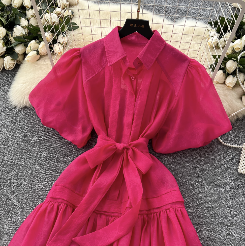 Courtly Puffy Sleeve Shirt Dress